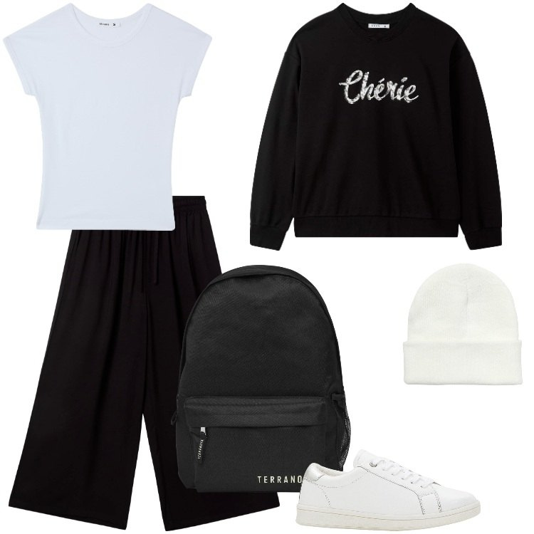 Outfit donna - back to.... Stile Basic per Scuola/Università. Abbinamento con sneakers, pantaloni a palazzo, felpe, t-shirt, zaini, berretti.