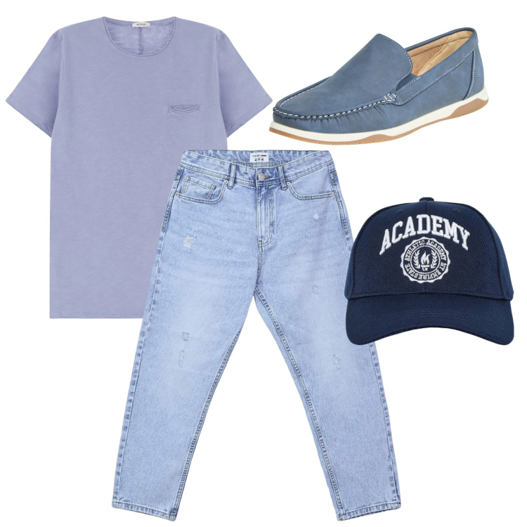 Outfit uomo - Un jeans e una maglietta. Stile Casual per Tutti i giorni. Abbinamento con scarpe stringate, cappelli con visiera, jeans strappati, t-shirt.