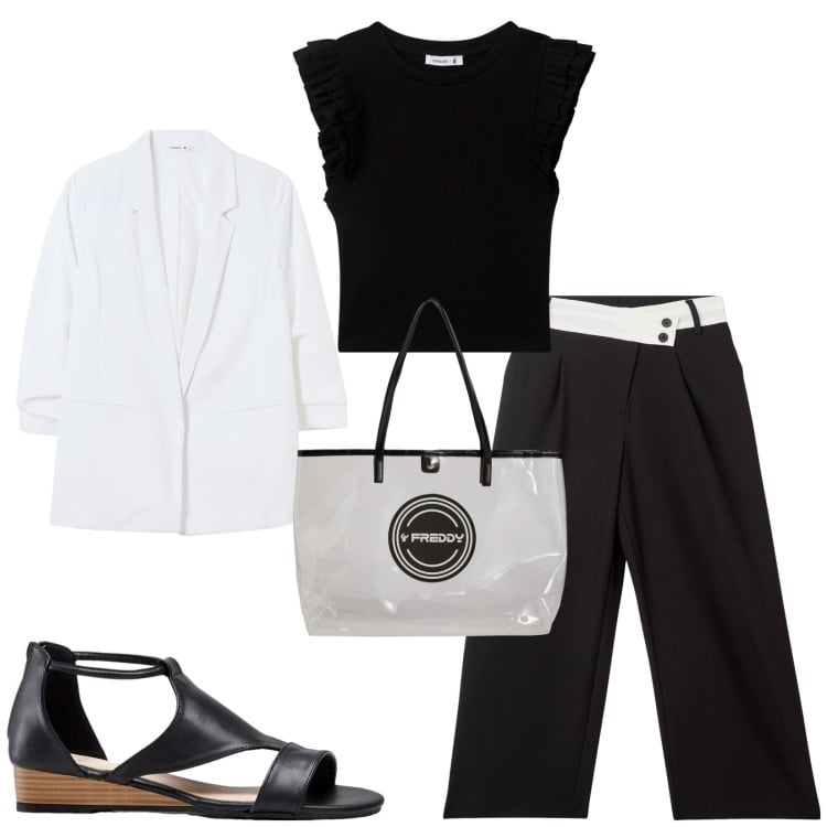 Outfit donna - Urban style. Stile Casual chic per Scuola/Università. Abbinamento con sandali, pantaloni, blazer, t-shirt, shopping bag.