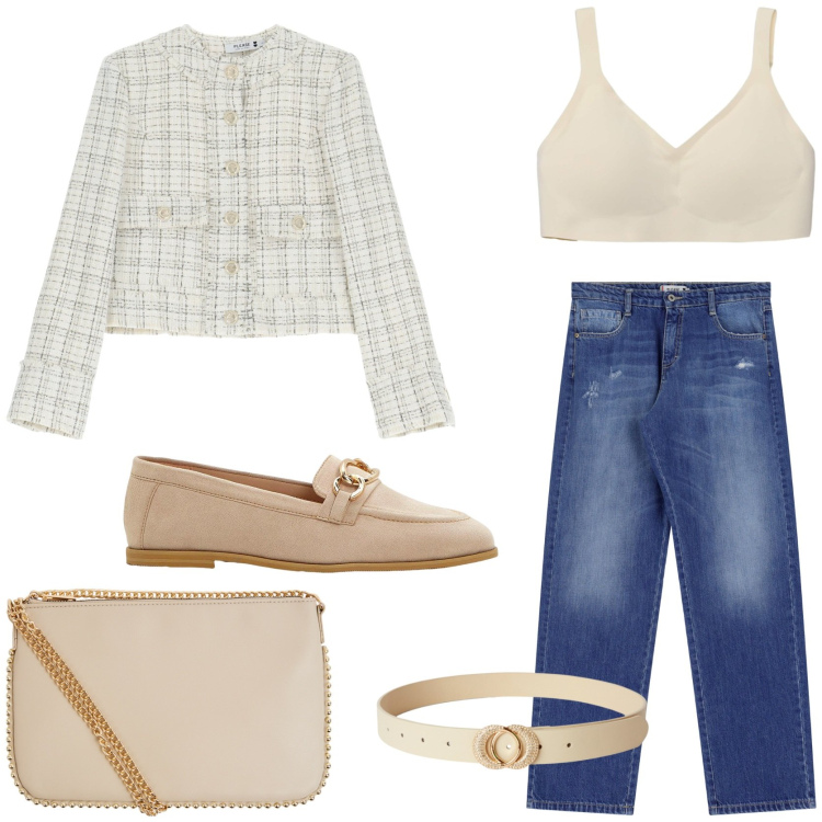 Outfit donna - Denim sofisticato. Stile Chic per Tutti i giorni. Abbinamento con mocassini, borse a tracolla, cinture, bralette, jeans dritti, blazer.
