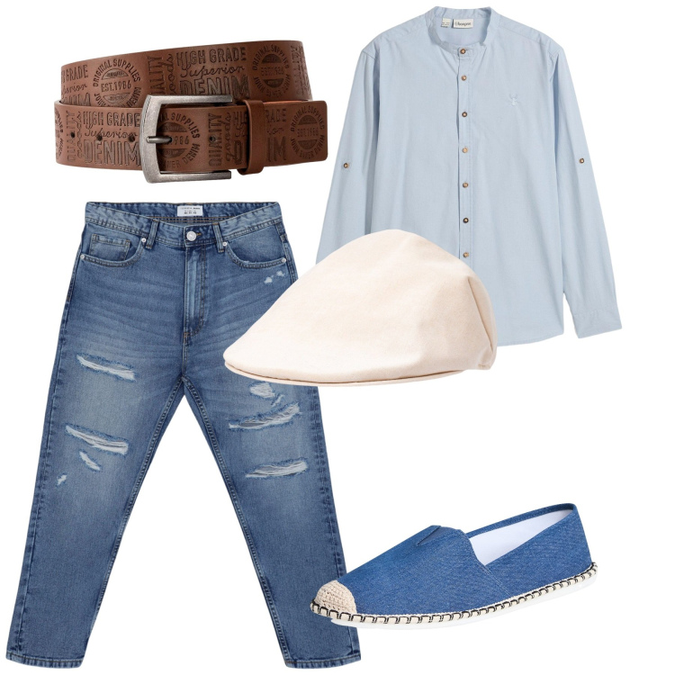 Outfit uomo - Agosto city. Stile Casual per Tutti i giorni. Abbinamento con camicie, cinture, espadrillas, jeans strappati, cappelli e berretti.