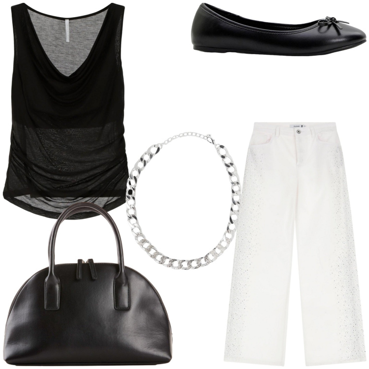 Outfit donna - Combo top e pantaloni. Stile Trendy per Tutti i giorni. Abbinamento con shopping bag, ballerine, collane, pantaloni, top.