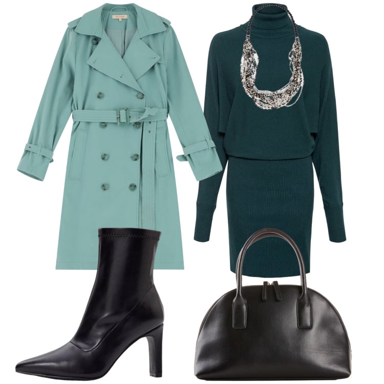 Outfit donna - Total look #2236454. Stile Casual chic per Ufficio. Abbinamento con vestiti, shopping bag, stivaletti, trench, collane.