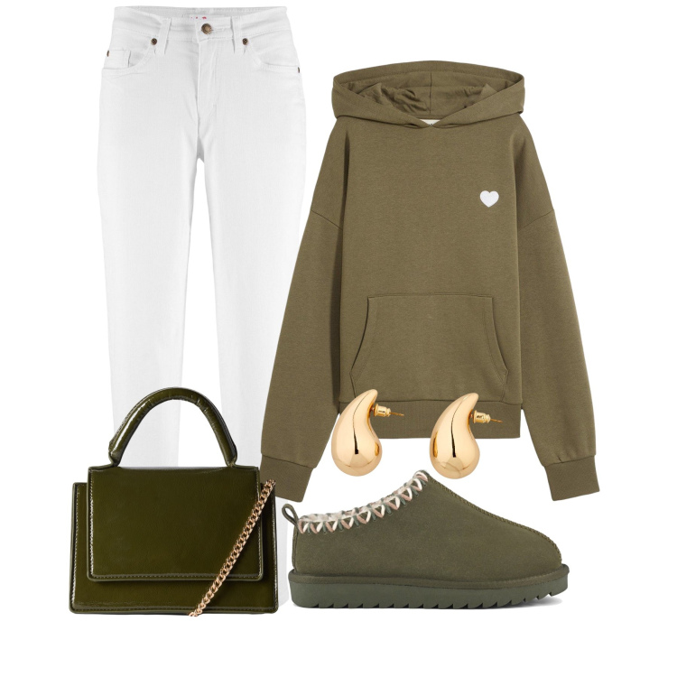Outfit donna - La maxi felpa. Stile Casual chic per Tutti i giorni. Abbinamento con felpe con cappuccio, jeans mom, orecchini, borse a tracolla, sabot.