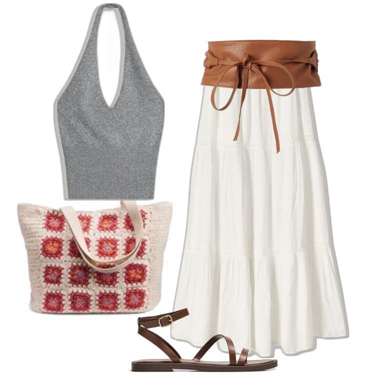 Outfit mujer - Boho #2324. Estilo Boho para Noche/Fiesta elegante. Combinación con cinturones, falda longuette, bolso tote, sandalias, top.