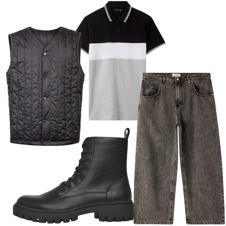 Outfit uomo - Total look #2236468. Stile Trendy per Tutti i giorni. Abbinamento con polo, jeans, anfibi, piumini.