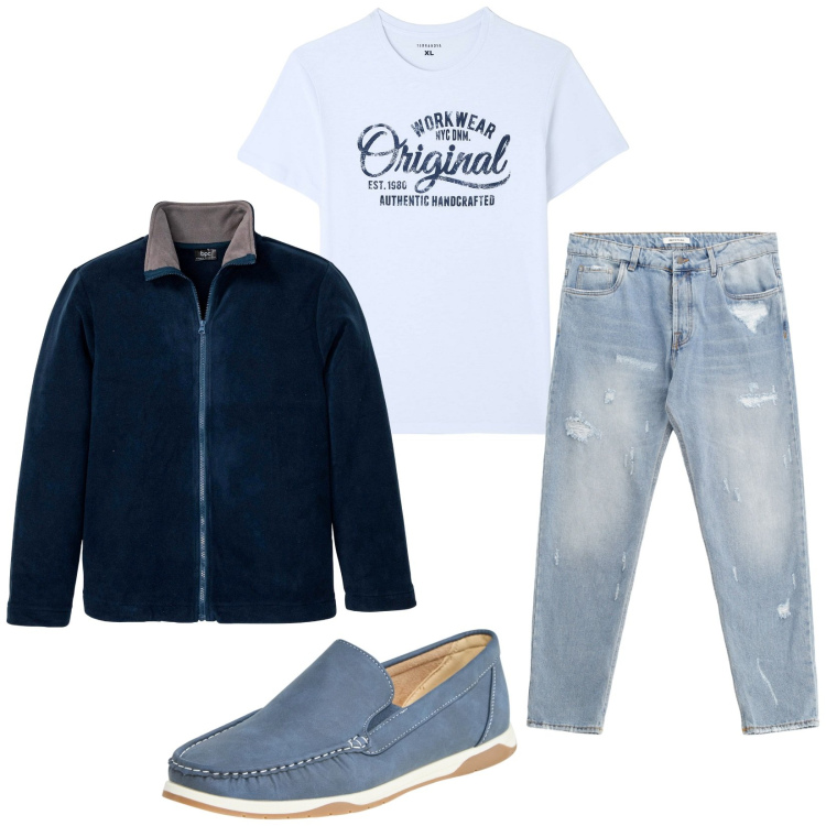 Outfit uomo - Total look #2236470. Stile Urban per Tutti i giorni. Abbinamento con giacche, t-shirt, scarpe stringate, jeans strappati.