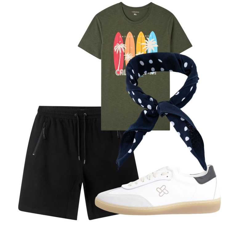 Outfit uomo - Agosto. Stile Casual per Tutti i giorni. Abbinamento con t-shirt, bermuda, sneakers, sciarpe e foulard.