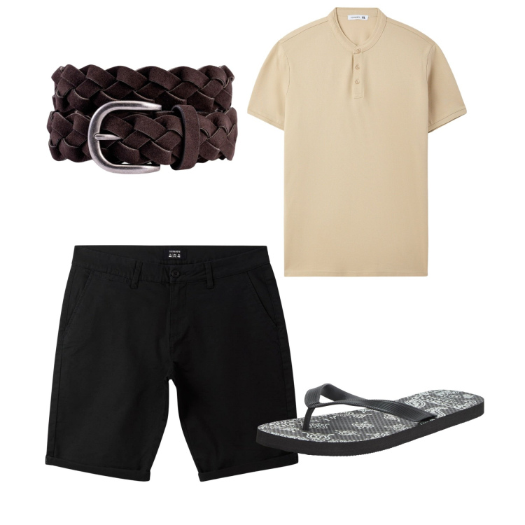 Outfit uomo - Agosto. Stile Casual per Tutti i giorni. Abbinamento con sandali, t-shirt, bermuda, cinture.