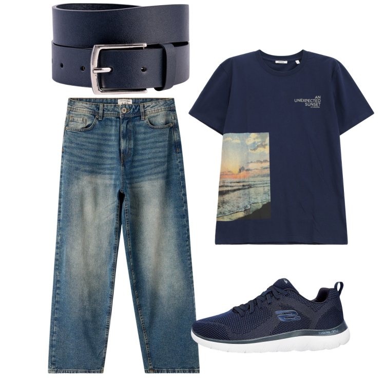 Outfit uomo - Agosto. Stile Casual per Tutti i giorni. Abbinamento con sneakers, jeans, t-shirt, cinture.