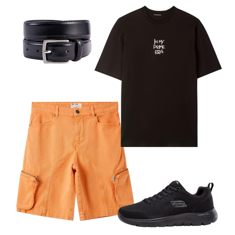 Outfit uomo - Agosto. Stile Casual per Tutti i giorni. Abbinamento con sneakers, pantaloni corti, t-shirt, cinture.