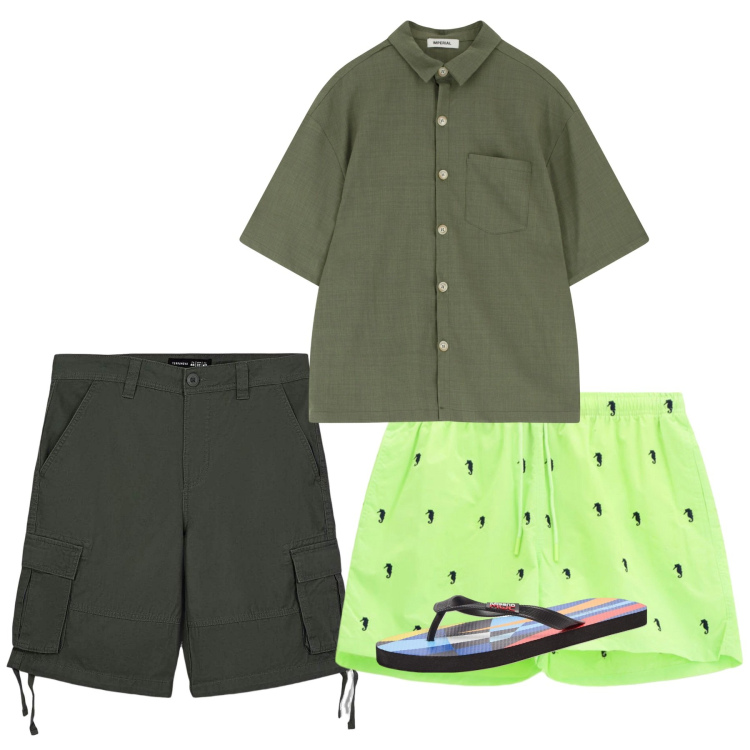 Outfit uomo - Mare. Stile Casual per Tutti i giorni. Abbinamento con sandali, bermuda, camicie a manica corta, costumi.