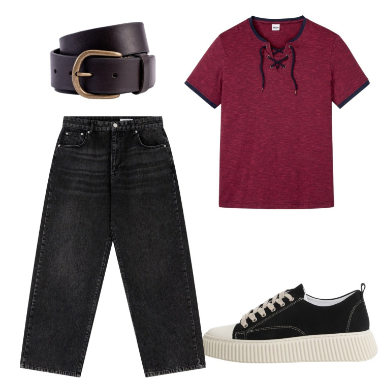 Outfit uomo - Agosto. Stile Casual per Tutti i giorni. Abbinamento con t-shirt, sneakers, jeans dritti, cinture.
