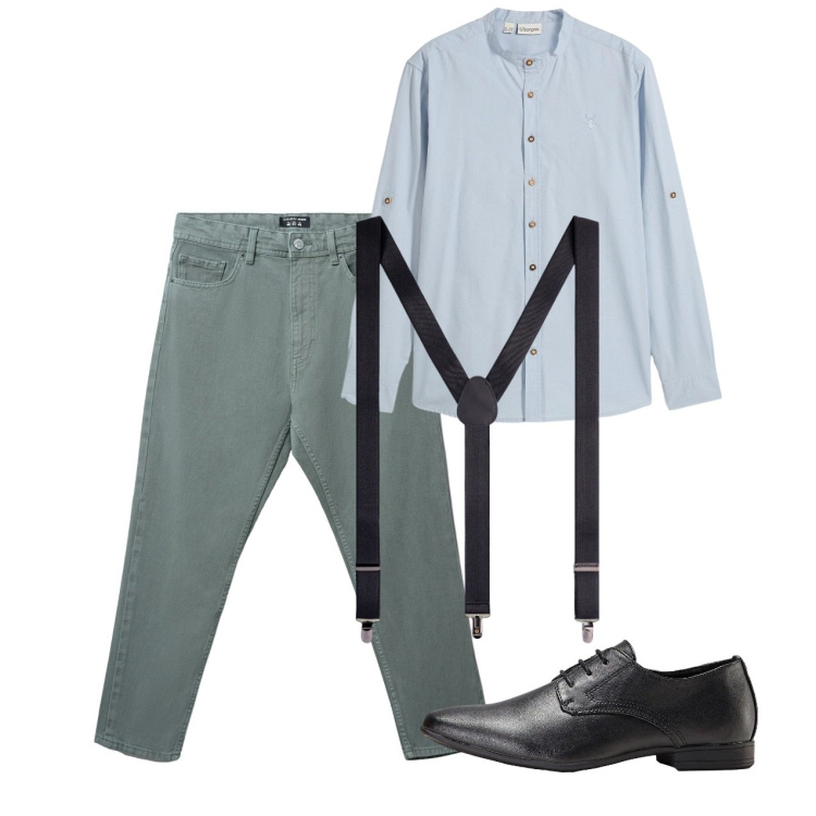 Outfit uomo - Agosto. Stile Casual per Tutti i giorni. Abbinamento con scarpe stringate, camicie, jeans, bretelle.
