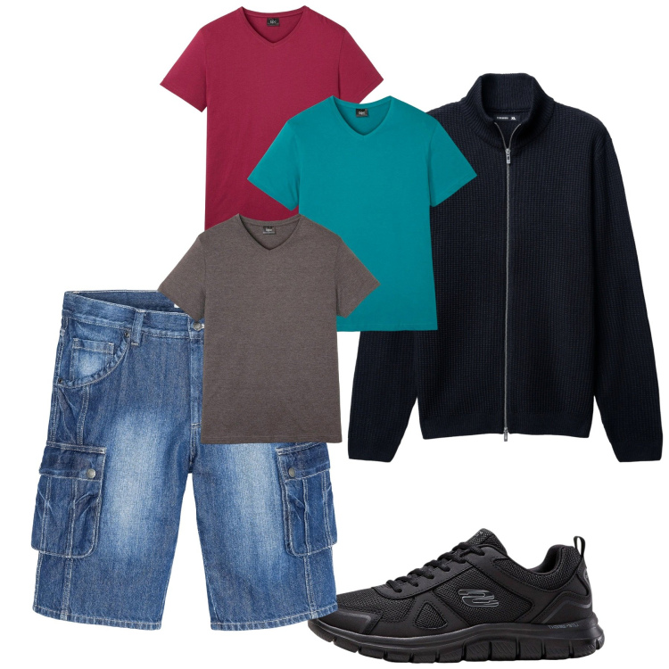 Outfit uomo - Agosto. Stile Casual per Tutti i giorni. Abbinamento con bermuda, sneakers, t-shirt, cardigans.