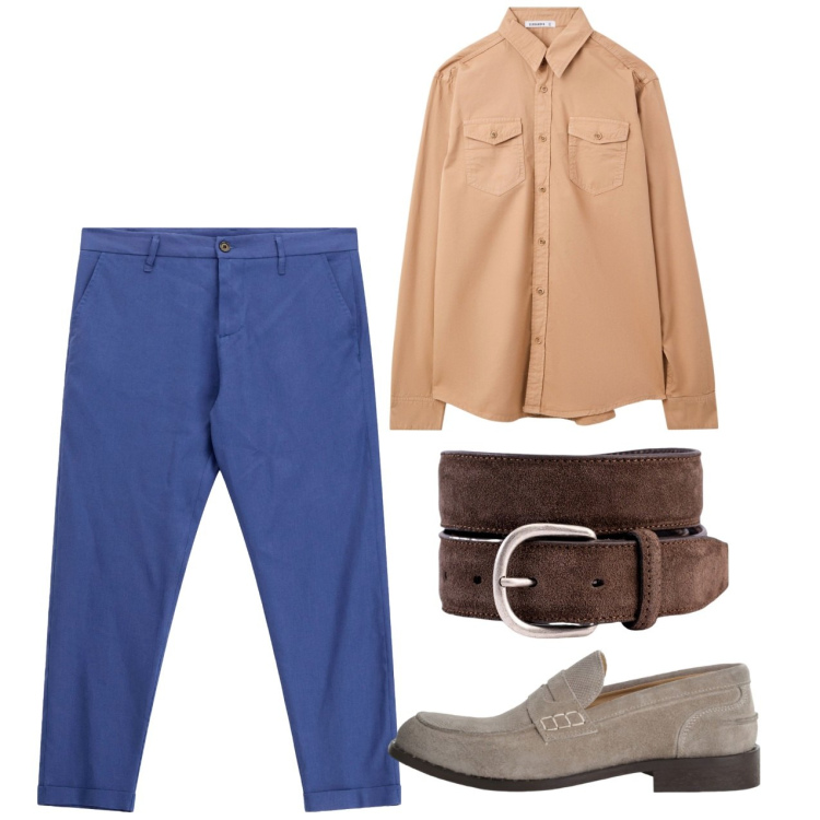 Outfit uomo - Agosto. Stile Casual per Tutti i giorni. Abbinamento con camicie, pantaloni, scarpe stringate, cinture.