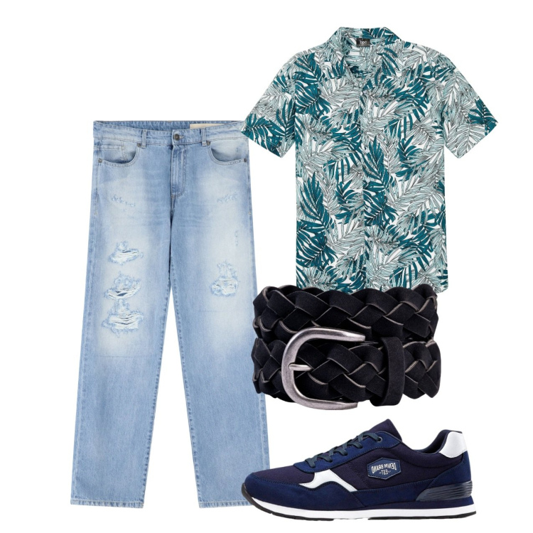 Outfit uomo - Agosto. Stile Casual per Tutti i giorni. Abbinamento con sneakers, camicie a manica corta, jeans strappati, cinture.