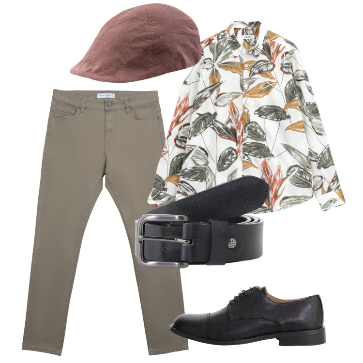 Outfit uomo - Agosto. Stile Casual per Tutti i giorni. Abbinamento con pantaloni skinny, cinture, camicie, scarpe stringate, cappelli con visiera.