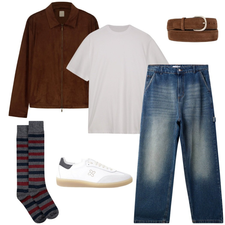 Outfit uomo - That good, experienced guy. Stile Trendy per Tutti i giorni. Abbinamento con jeans, sneakers, cinture, giacche, t-shirt, calzini.