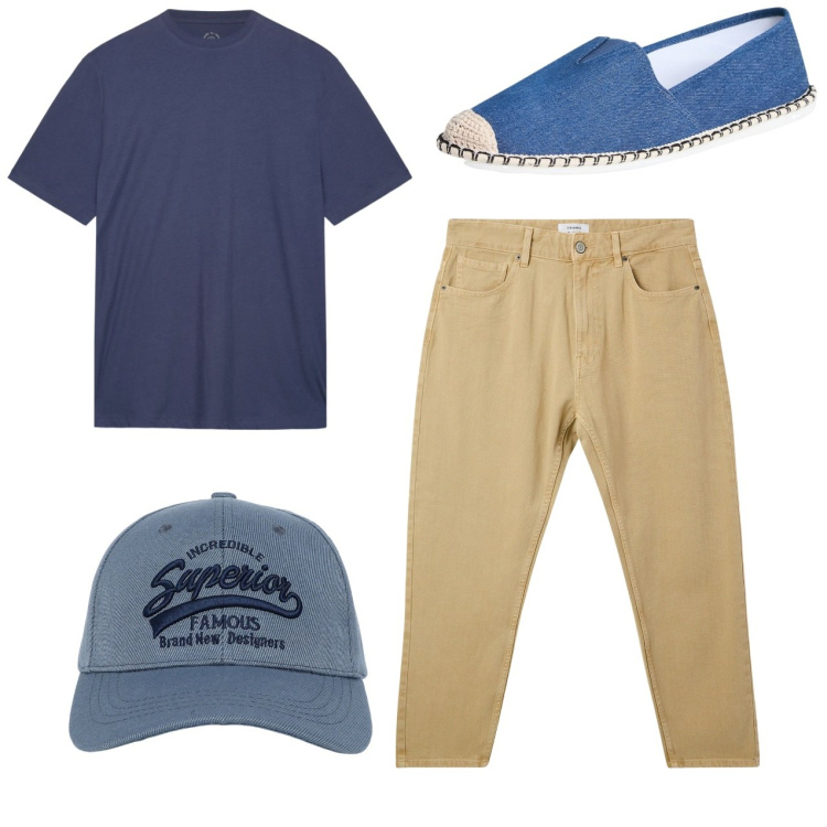Outfit uomo - City. Stile Casual per Tutti i giorni. Abbinamento con espadrillas, cappelli con visiera, pantaloni, t-shirt.