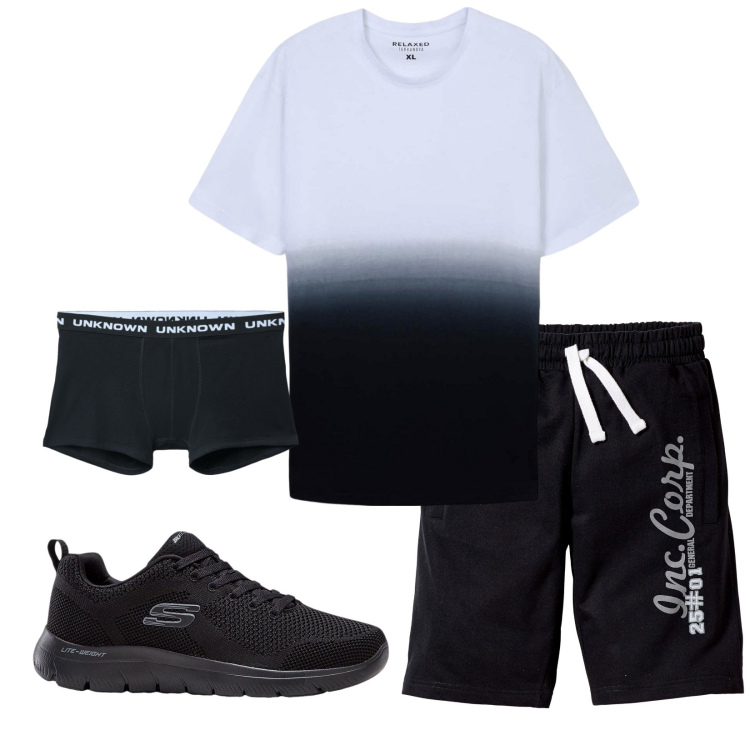 Outfit uomo - Total look #2236508. Stile Trendy per Sport. Abbinamento con sneakers, bermuda, boxer, t-shirt.