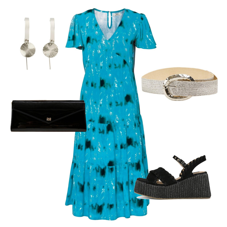 Outfit donna - Turchese per tutta la giornata. Stile Romantica per Tutti i giorni. Abbinamento con orecchini, vestiti midi/longuette, cinture, pochette, zeppe.