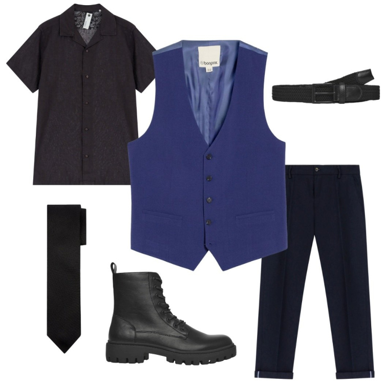 Outfit uomo - Eleganty pop smash. Stile Business/Elegante per Cerimonia. Abbinamento con gilet, cinture, anfibi, camicie a manica corta, pantaloni chino, cravatte.