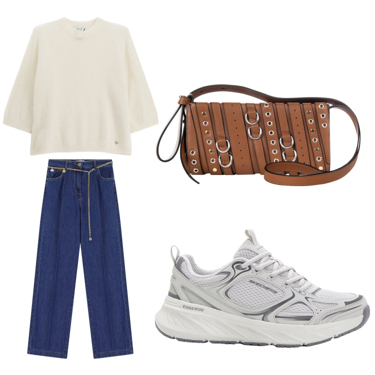Outfit donna - Aperitivo. Stile Trendy per Tutti i giorni. Abbinamento con sneakers, borse a spalla, pullovers, jeans.