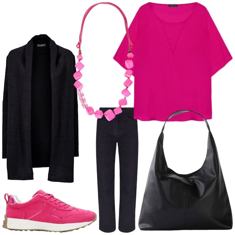 Outfit donna - Vivace. Stile Sporty chic per Ufficio. Abbinamento con cardigans, sneakers, shopping bag, bluse, pantaloni, collane.