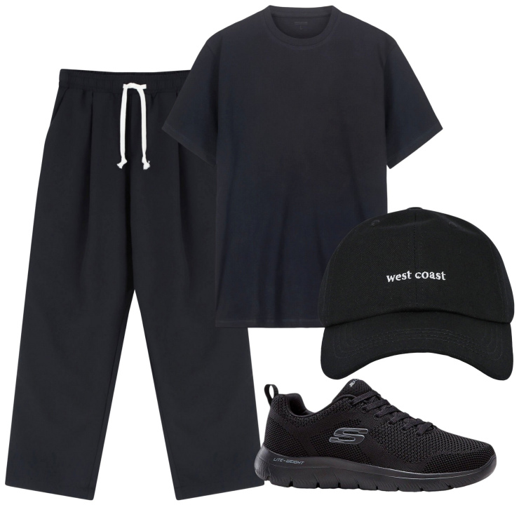Outfit uomo - Tuta black. Stile Casual per Tutti i giorni. Abbinamento con sneakers, cappelli con visiera, pantaloni, t-shirt.
