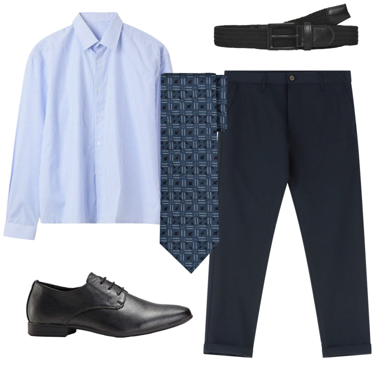Outfit uomo - Riunione di lavoro. Stile Business/Elegante per Ufficio. Abbinamento con scarpe stringate, camicie, cinture, pantaloni chino, cravatte.