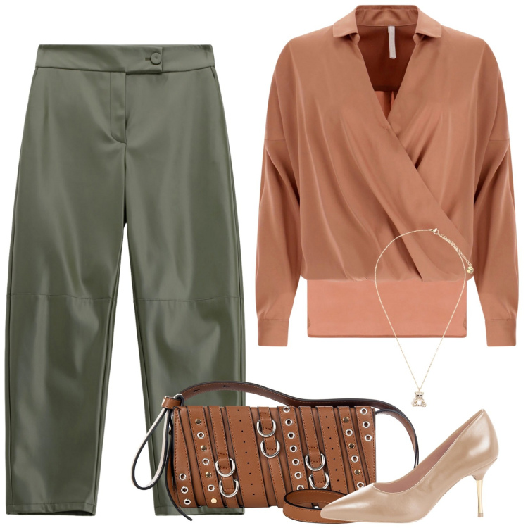 Outfit donna - Nuova collezione. Stile Casual chic per Ufficio. Abbinamento con borse a spalla, décolleté, pantaloni, bluse, ciondoli.