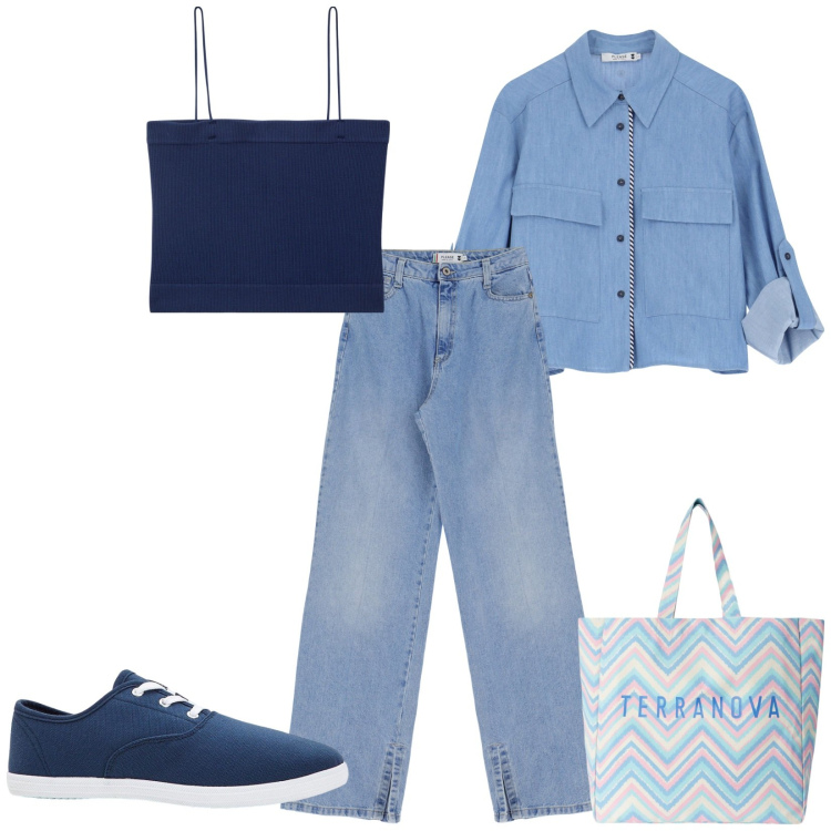 Outfit donna - Urban style. Stile Casual per Tutti i giorni. Abbinamento con sneakers, borse tote, canottiere, jeans, camicie.