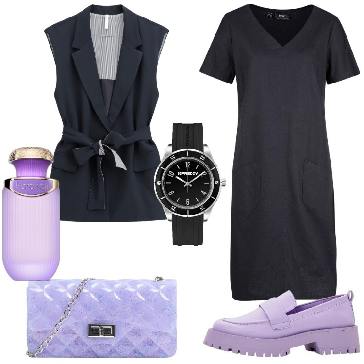 Outfit donna - Gilet lungo su abiti corti. Stile Urban per Tutti i giorni. Abbinamento con vestiti corti, mocassini, profumi, borse a tracolla, gilet, orologi.