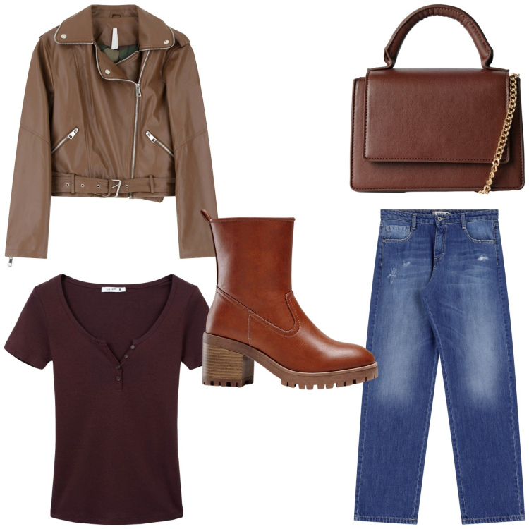 Outfit donna - Autumn chic. Stile Casual chic per Tutti i giorni. Abbinamento con stivaletti, borse a tracolla, t-shirt, jeans dritti, giacche.