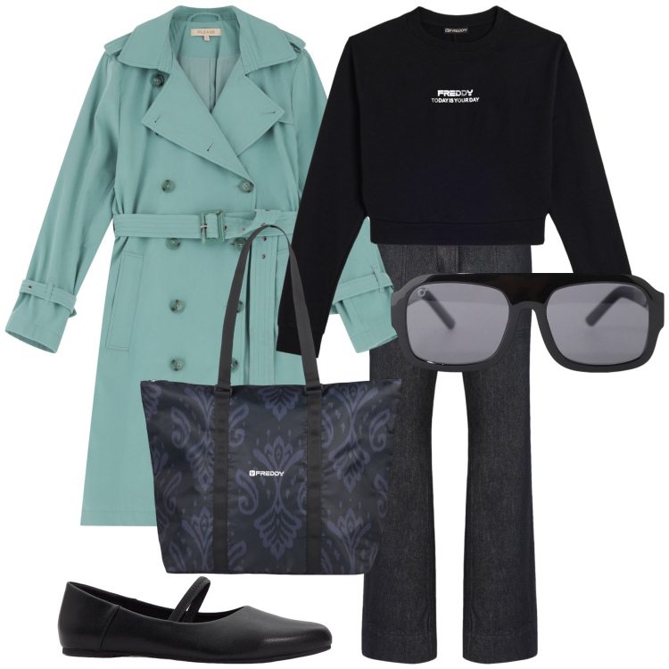 Outfit donna - Ufficio in trench. Stile Urban per Ufficio. Abbinamento con ballerine, trench, occhiali da sole, shopping bag, felpe, pantaloni.