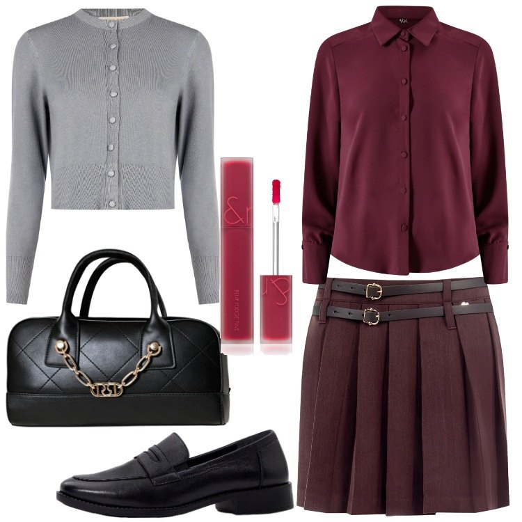 Outfit donna - Fall Collections - FW26. Stile Preppy per Scuola/Università. Abbinamento con mocassini, rossetti, minigonne, cardigans, borse a mano, camicie.