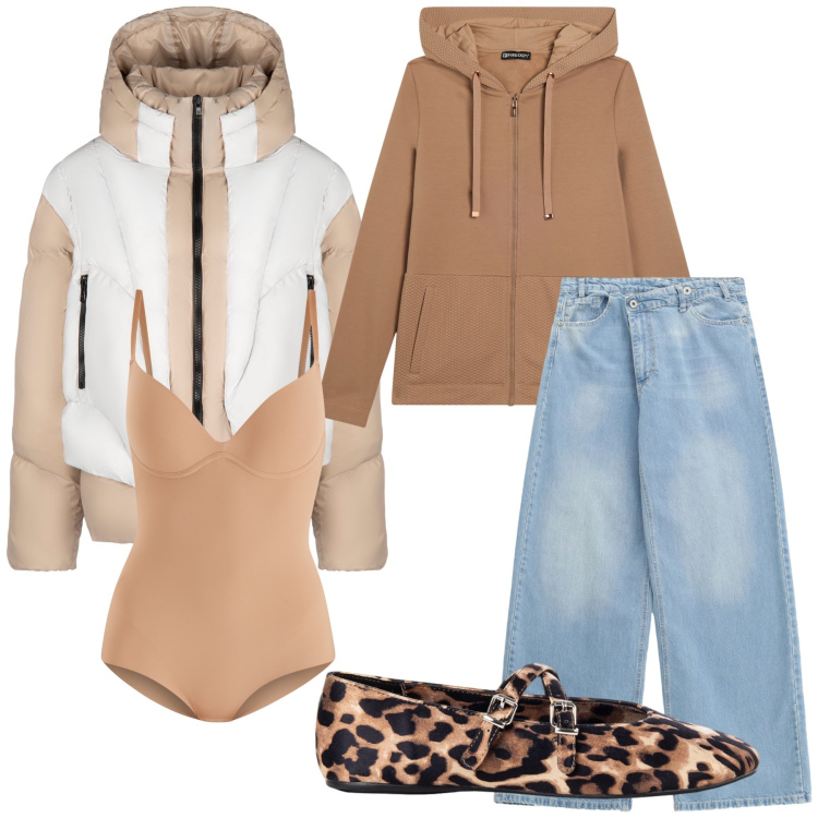 Outfit donna - Montagna di settembre. Stile Casual chic per Tutti i giorni. Abbinamento con body, ballerine, jeans, felpe con cappuccio, piumini.