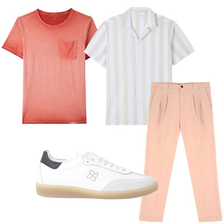 Outfit uomo - Colori aranciati. Stile Casual per Ufficio. Abbinamento con t-shirt, camicie a manica corta, sneakers, pantaloni.