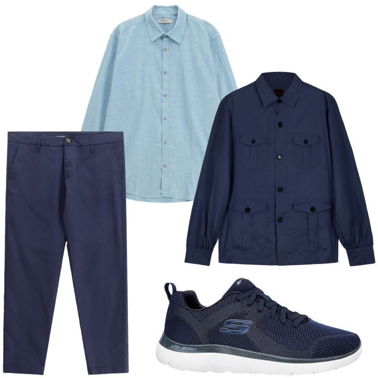 Outfit uomo - Blu navy. Stile Casual per Ufficio. Abbinamento con sneakers, pantaloni, camicie, cappotti.