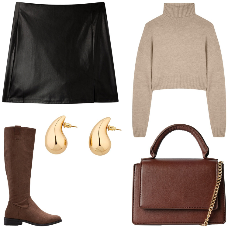 Outfit donna - Fall fashion. Stile Chic per Tutti i giorni. Abbinamento con stivali, orecchini, maglieria, borse a tracolla, minigonne.