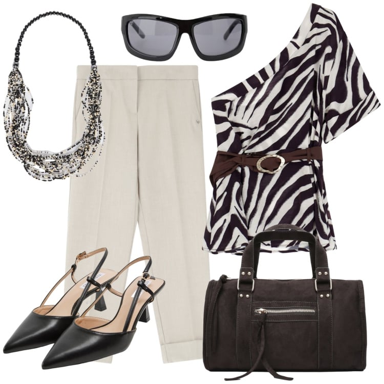 Outfit donna - Settembre. Stile Trendy per Ufficio. Abbinamento con sabot, borse a mano, pantaloni, top, occhiali da sole, collane.