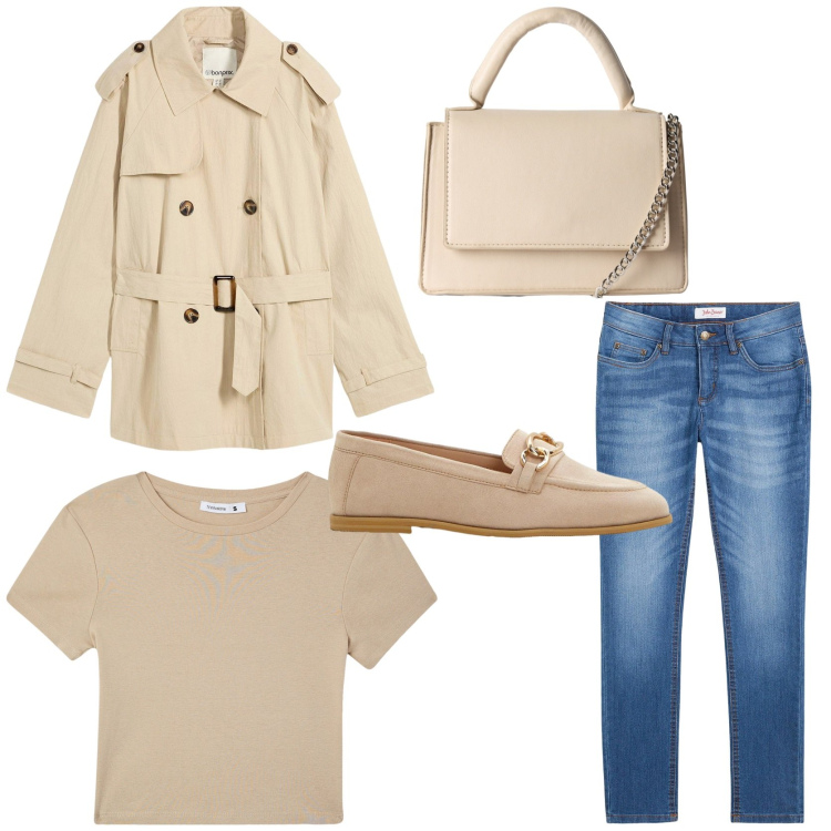 Outfit donna - Autumn collection. Stile Casual chic per Tutti i giorni. Abbinamento con jeans skinny, trench, mocassini, borse a tracolla, t-shirt.