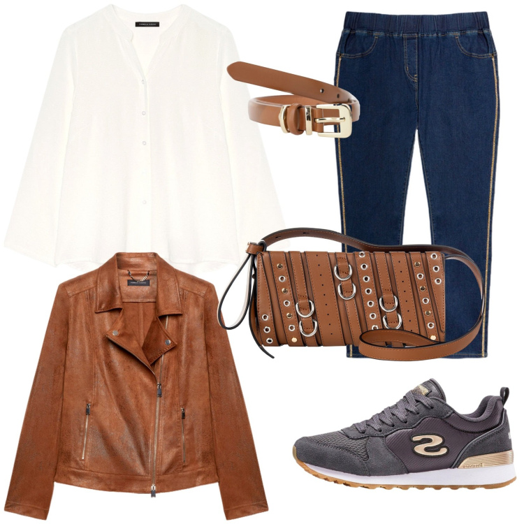 Outfit donna - Everyday. Stile Casual chic Abbinamento con sneakers, borse a spalla, cinture, jeggings, camicie, blazer.