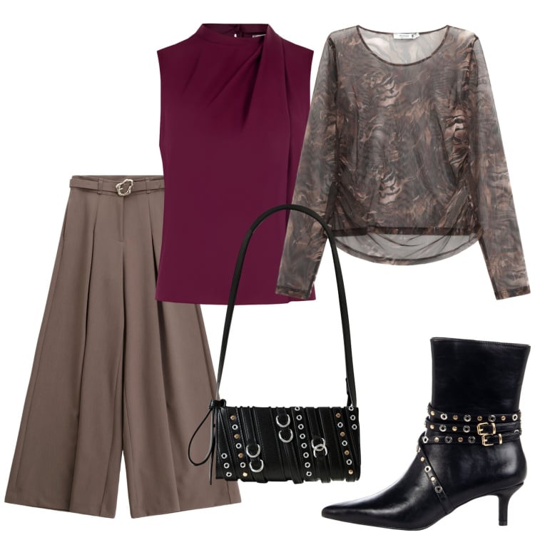 Outfit donna - Finalmente il caldo è finito. Stile Casual chic per Ufficio. Abbinamento con top, borse a spalla, stivaletti, maglieria, pantaloni.