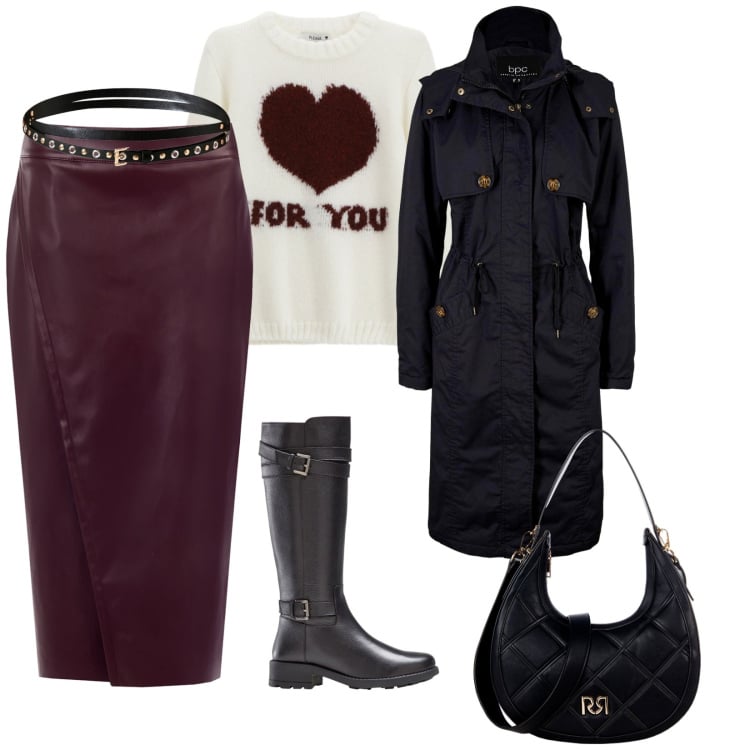 Outfit donna - Fallo collection. per Tutti i giorni. Abbinamento con stivali, trench, gonne longuette, borse a tracolla, cinture, pullovers.