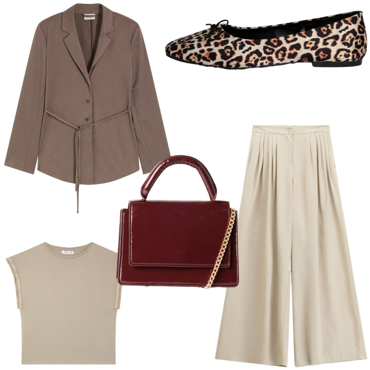 Outfit donna - Autunno glamour. Stile Casual chic per Tutti i giorni. Abbinamento con blazer, ballerine, t-shirt, borse a tracolla, pantaloni a palazzo.
