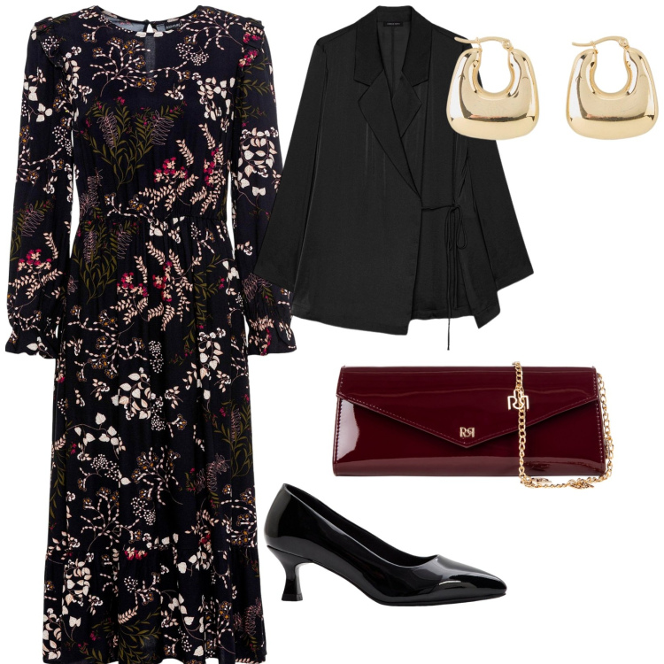 Outfit donna - Il mio compleanno a dicembre. per Serata fuori. Abbinamento con orecchini, vestiti midi/longuette, décolleté, pochette, blazer.