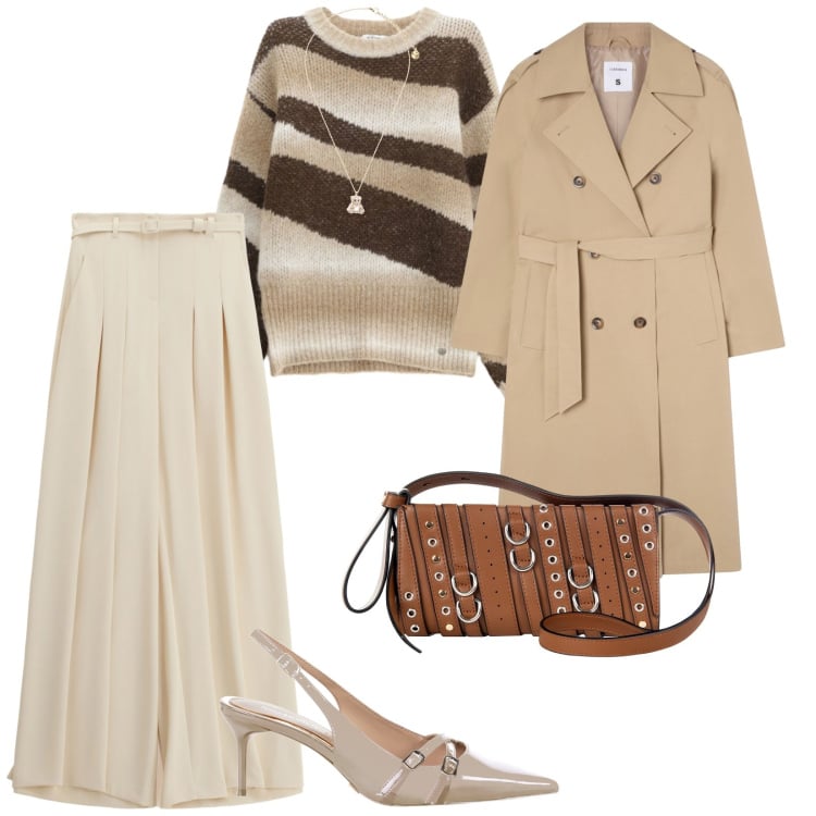 Outfit donna - Autunno in ufficio. per Ufficio. Abbinamento con trench, décolleté, borse a spalla, pullovers, pantaloni a palazzo, ciondoli.