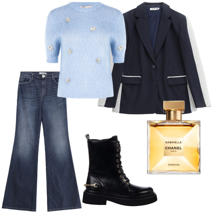 Outfit donna - Due gocce di Chanel. per Tutti i giorni. Abbinamento con profumi, maglieria, anfibi, blazer, jeans a zampa.